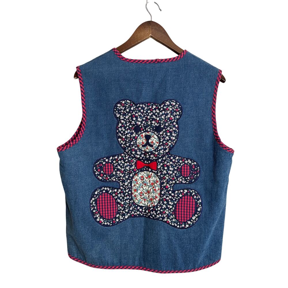 Teddy Fresh Denim Teddy Bear Patchwork Quilted Vest Gingham Reversible Womans L
